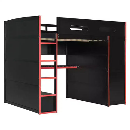 Merax Letto a soppalco a una piazza e mezza con scrivania, armadio, luci LED RGB e porta di ricarica USB Elegante struttura nera con spazio multi-contenitore per gli amanti dei giochi