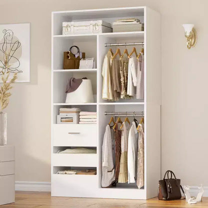 Organisateur de placard avec tiroirs en bois, système de rangement autoportant avec tringles de suspension