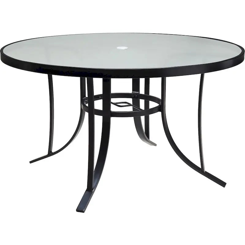Hanover Lavallette Set da pranzo a 5 pezzi in blu oceano con 4 sedie fisse, tavolo rotondo da 52 pollici con ripiano in vetro, ombrellone e base