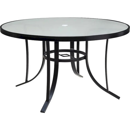 Hanover Lavallette Set da pranzo a 5 pezzi in blu oceano con 4 sedie fisse, tavolo rotondo da 52 pollici con ripiano in vetro, ombrellone e base