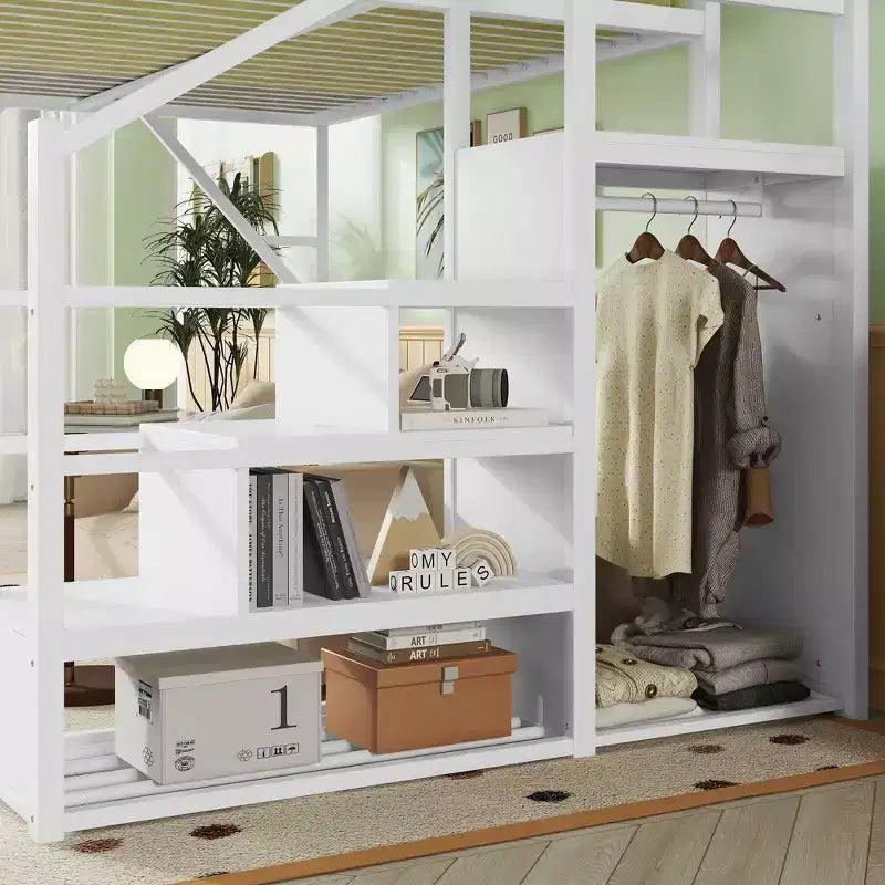Lit mezzanine pleine grandeur en métal blanc avec escalier, étagères de rangement et lit mezzanine haut avec armoire pour enfants et adolescents
