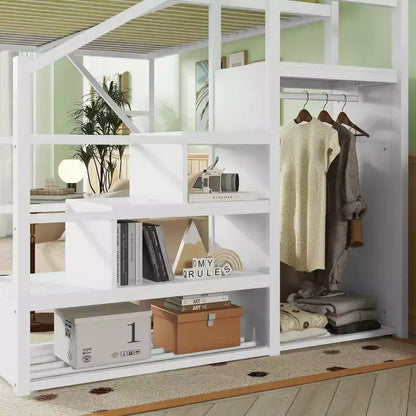 Lit mezzanine pleine grandeur en métal blanc avec escalier, étagères de rangement et lit mezzanine haut avec armoire pour enfants et adolescents