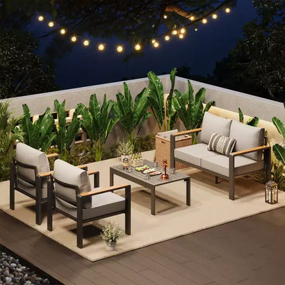 Salon de jardin en aluminium, canapé d'extérieur modulable avec 5 coussins épais, 4 accoudoirs et table basse pour jardin, terrasse, arrière-cour