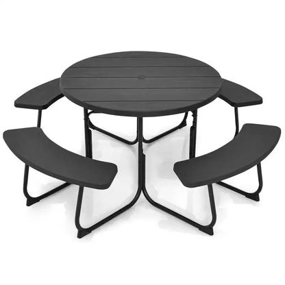 Costway Set Tavolo da Picnic Rotondo da Esterno a 8 Posti con 4 Panche e Foro per Ombrellone Nero/Grigio/Verde/Bianco