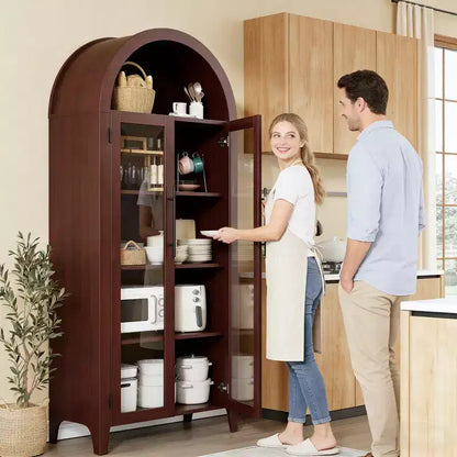 Haut meuble de rangement arqué avec portes vitrées, bibliothèque de présentation à 5 niveaux avec étagères réglables pour cuisine ou salon