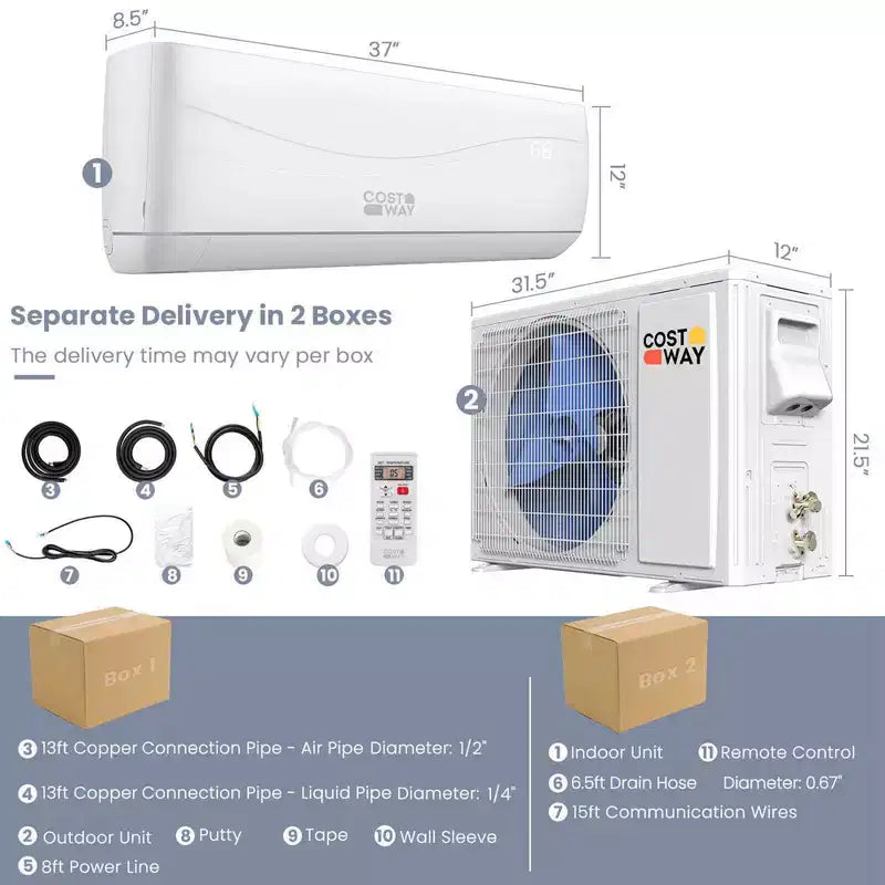 Climatiseur et Chauffage Mini Split Costway 18000 BTU 19 SEER2 Couverture 116 m²