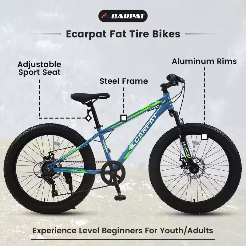 Vélo Okak 24 pouces Fat Tire avec suspension avant, VTT 7 vitesses avec frein à disque et cadre en acier à haute teneur en carbone, Vélo de randonnée pour les trajets quotidiens