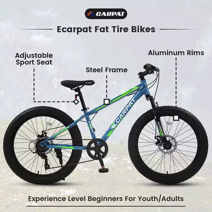 Vélo Okak 24 pouces Fat Tire avec suspension avant, VTT 7 vitesses avec frein à disque et cadre en acier à haute teneur en carbone, Vélo de randonnée pour les trajets quotidiens