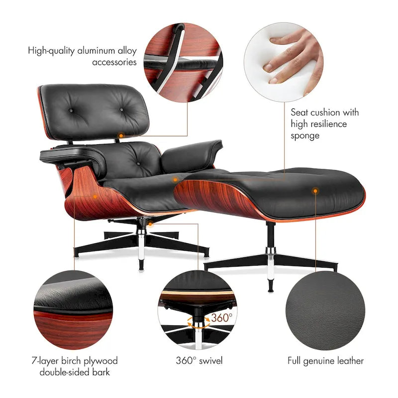 Chaise longue et pouf d'appoint en cuir pleine fleur de style Mid-century