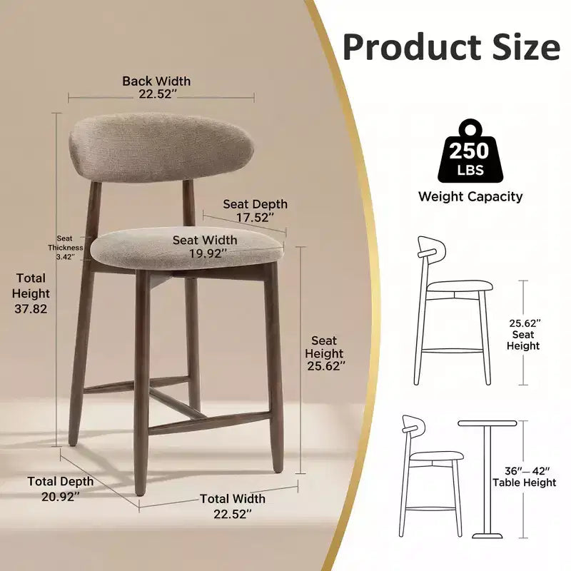 Lot de 2/4/6 tabourets de bar rembourrés Ora Maison à hauteur de comptoir avec tissu et finition noyer
