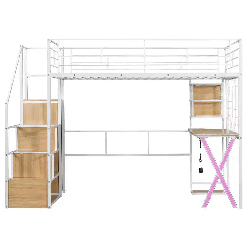 Lit mezzanine en métal Whisen 94''L x 40.9''W avec poste de travail intégré, armoire, escalier de rangement et LED, sécurité garantie