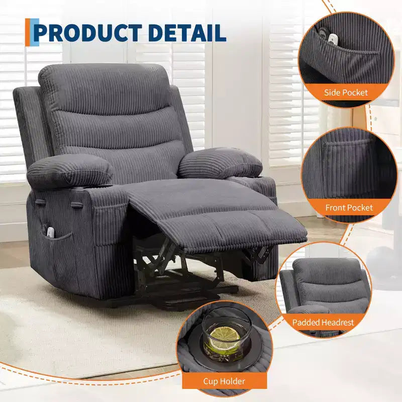 Fauteuil inclinable électrique releveur, fauteuils inclinables électriques pour personnes âgées avec fonction chauffante et massante, aide à la levée, porte-gobelets, poche latérale, pour salon