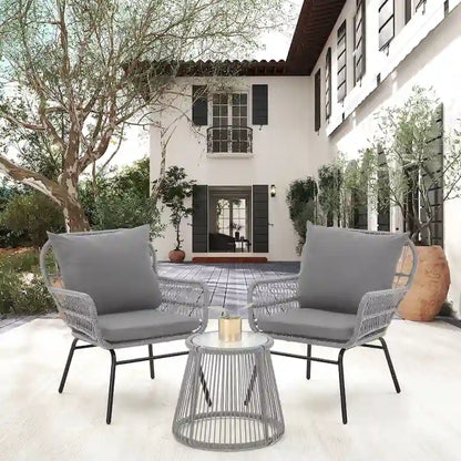 Set da Bistrot da Esterno in Rattan da 3 Pezzi, Set di Mobili da Giardino con Tavolo in Vetro e 2 Ampie Poltrone, Cuscini Inclusi