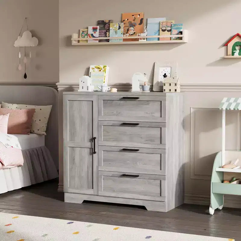 Armadio Guardaroba, 109,98 cm H, in Legno, con 4 Cassetti e Asta Appendiabiti, Rovere Naturale Grigio