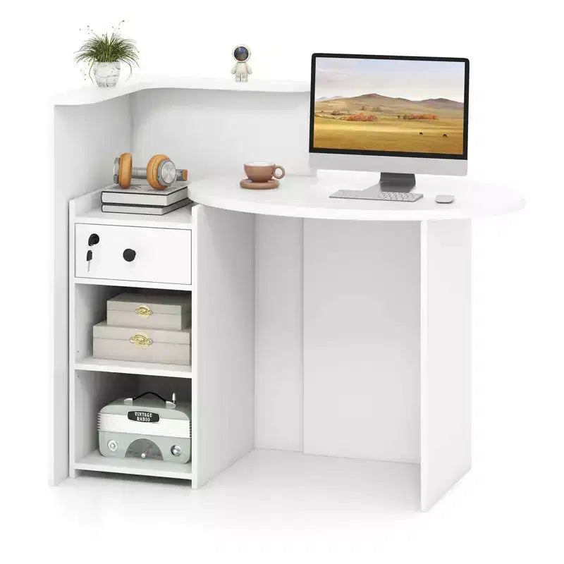 Costway Bancone per Reception, Scrivania da Ufficio con Ripiano Aperto e Cassetto con Serratura, Bianco/Marrone/Nero