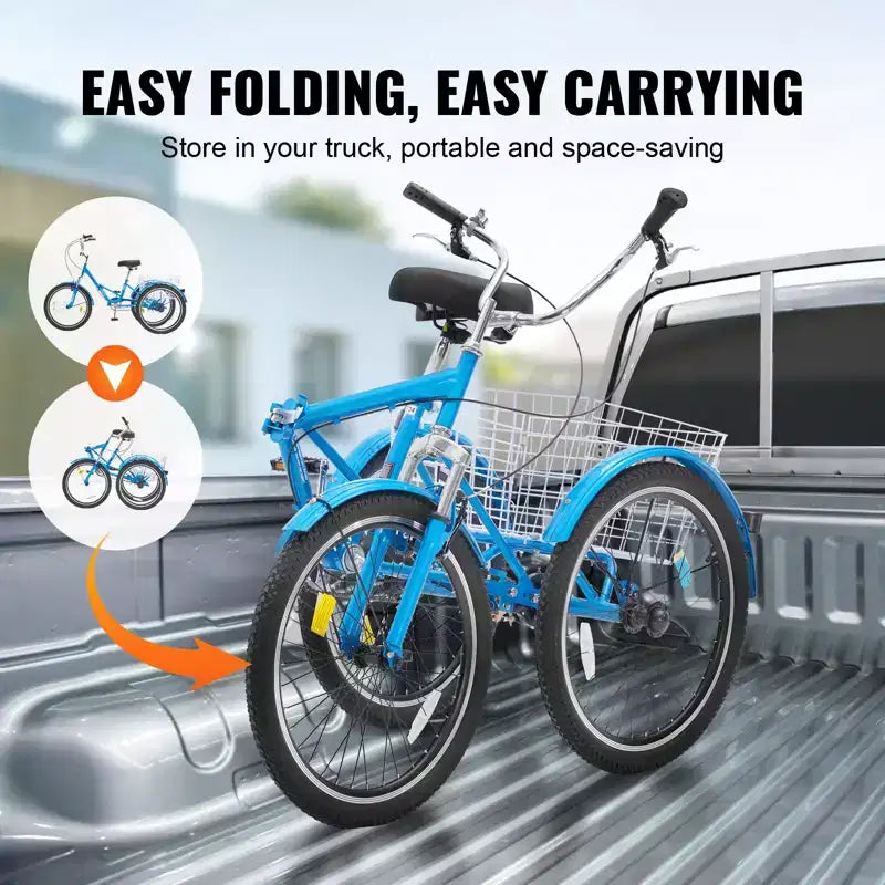 Tricycle pliable adulte VEVOR, tricycle pliant pour adultes de 26 pouces, vélo cruiser à 3 roues en acier au carbone avec grand panier et siège réglable