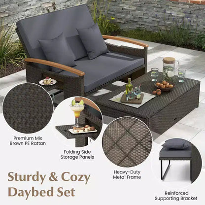 Set divano letto in rattan per esterni Costway con divanetto imbottito e poggiapiedi contenitore per veranda Beige/Blu marino/Rosso/Turchese/Nero/Grigio