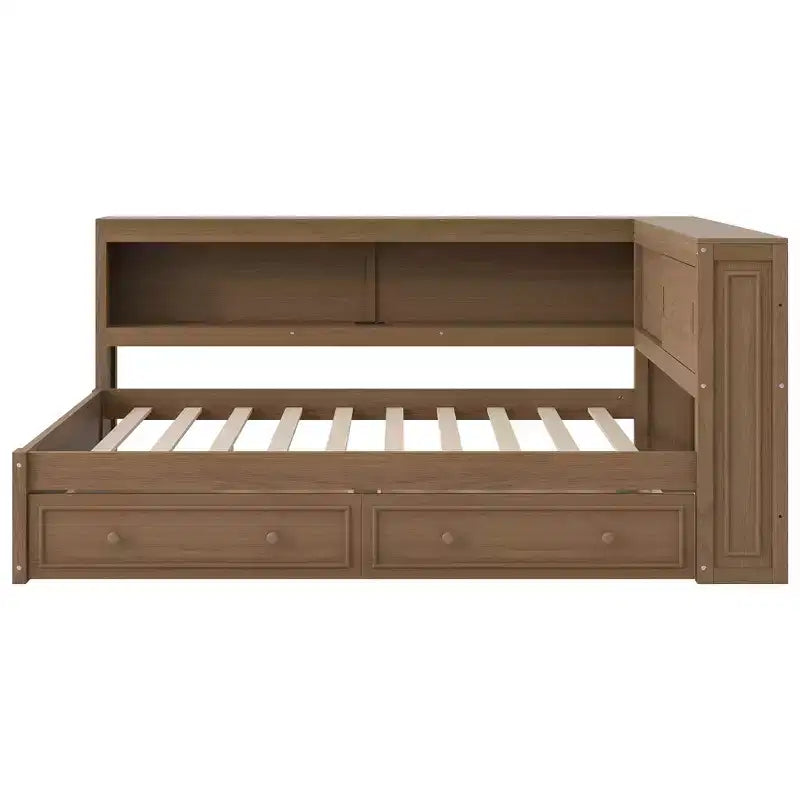 Letto angolare a grandezza naturale con cassetti portaoggetti, libreria, struttura letto a giorno in legno a forma di L con testiera a libreria per soggiorno