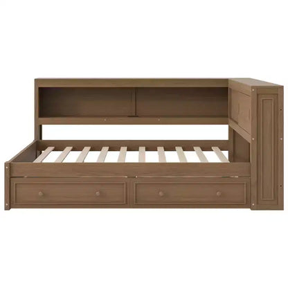 Letto angolare a grandezza naturale con cassetti portaoggetti, libreria, struttura letto a giorno in legno a forma di L con testiera a libreria per soggiorno