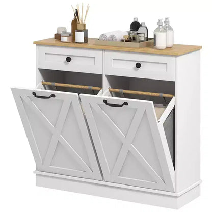 HOMCOM Mobile Contenitore da Bagno Salvaspazio con Cesti per la Biancheria Inclinabili, 2 Cesti Rimovibili e 2 Cassetti