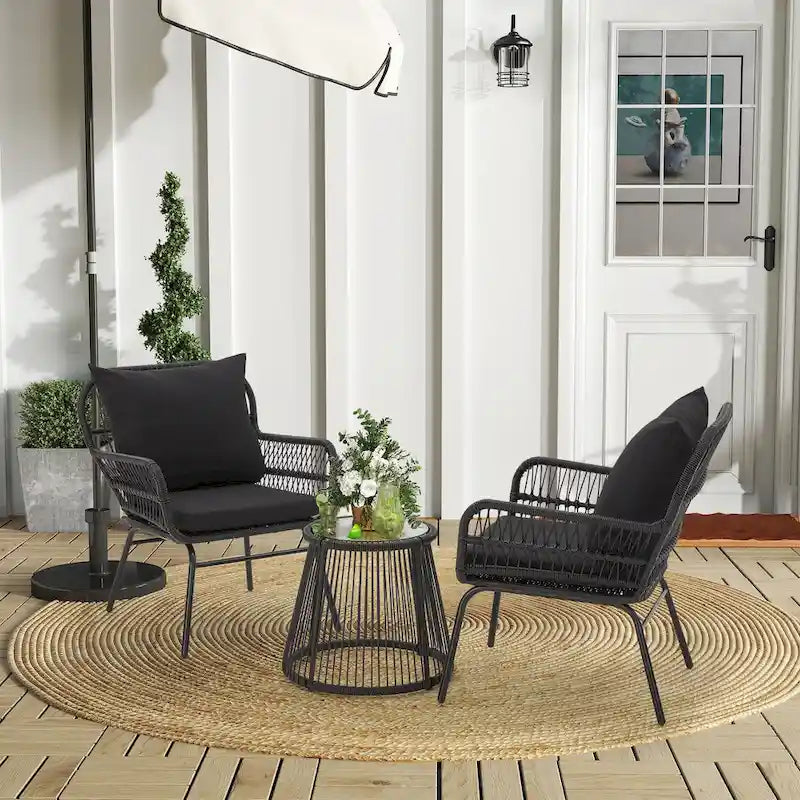 Set da Bistrot da Esterno in Rattan da 3 Pezzi, Set di Mobili da Giardino con Tavolo in Vetro e 2 Ampie Poltrone, Cuscini Inclusi