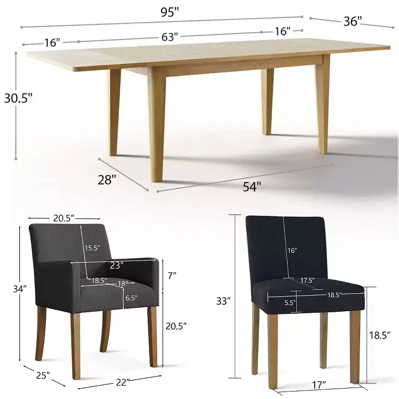 Set da pranzo da 9 pezzi con prolunga, include 6 sedie senza braccioli e 2 poltrone in lino neutro, gambe in legno massello, stile moderno-Panipeachy