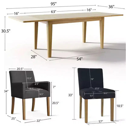 Set da pranzo da 9 pezzi con prolunga, include 6 sedie senza braccioli e 2 poltrone in lino neutro, gambe in legno massello, stile moderno-Panipeachy