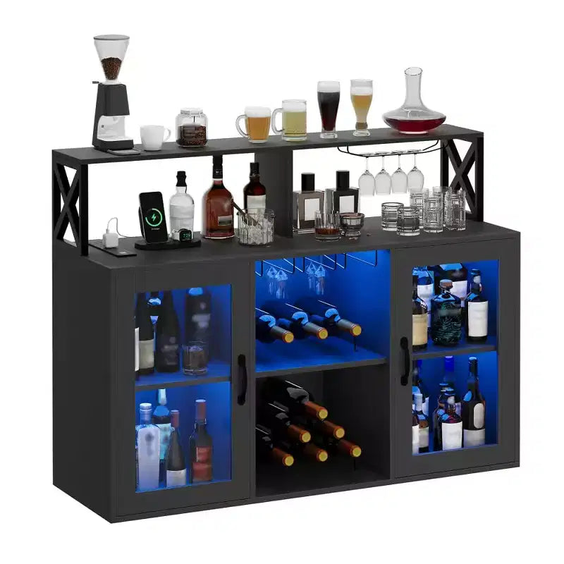 Mobile Bar per la Casa, Mobile Bar con Prese di Corrente, Porta Bicchieri, Mobile Vino con Vani Portaoggetti, Mobile Vino con Ripiani per Cucina e Casa