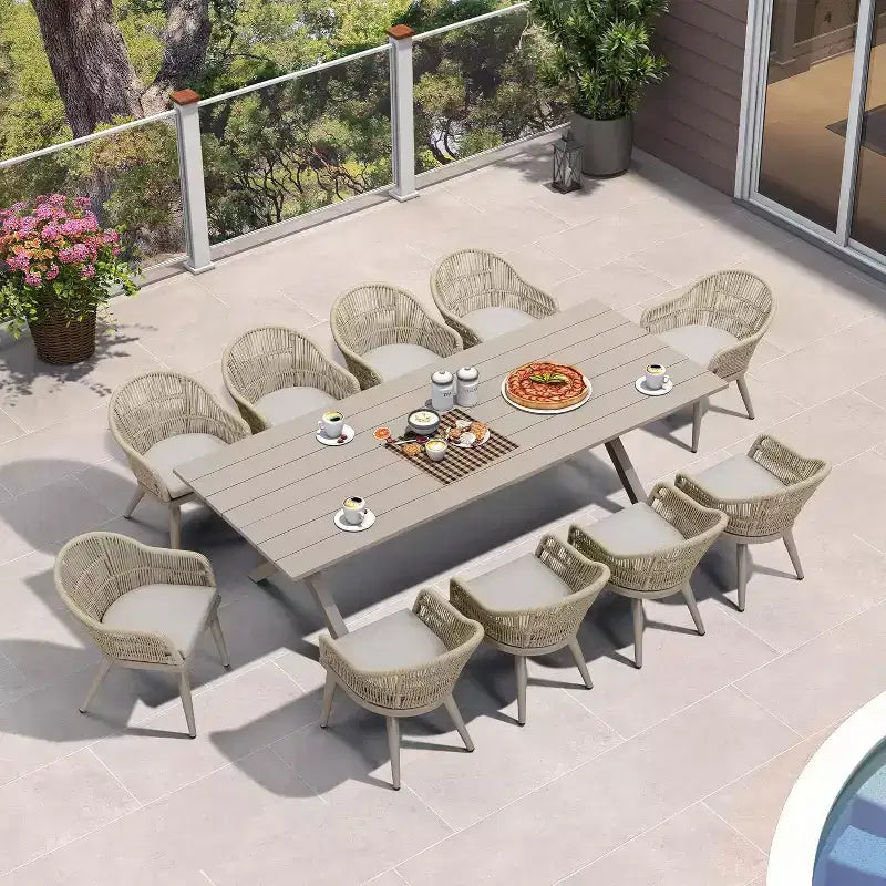 Set da pranzo da patio PURPLE LEAF con tavolo da pranzo da esterno in alluminio e sedie in rattan intrecciato, set di mobili moderni per giardino, cortile, arredamento da interni, colore champagne