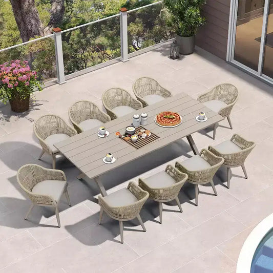Set da pranzo da patio PURPLE LEAF con tavolo da pranzo da esterno in alluminio e sedie in rattan intrecciato, set di mobili moderni per giardino, cortile, arredamento da interni, colore champagne
