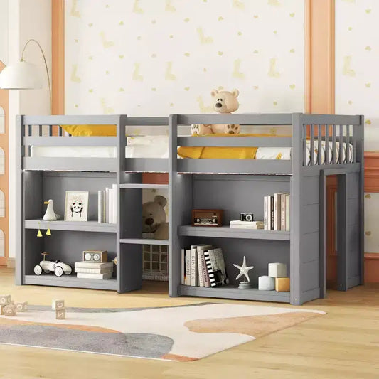 Lit cabane mezzanine bas pour enfant Whisen 79,8''L * 43,9''W avec étagères à deux niveaux et lumière LED