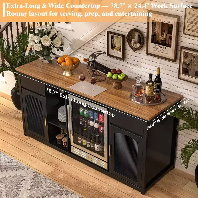 Mobile bar extra lungo GDLF con spazio per frigorifero, mobile per vino e liquori moderno, 78,7