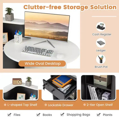 Costway Bancone per Reception, Scrivania da Ufficio con Ripiano Aperto e Cassetto con Serratura, Bianco/Marrone/Nero