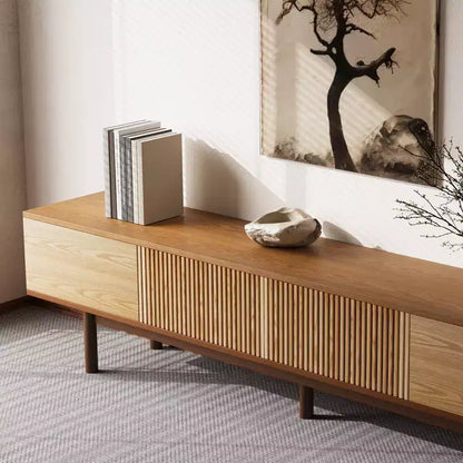 Meuble TV Mid-Century Modern 86,6 po en bois massif, console média avec espace de rangement, couleur naturelle