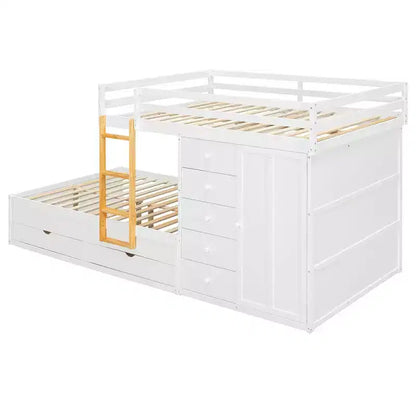 Lit superposé complet Whisen avec 2 grands tiroirs, 5 petits tiroirs et petite armoire