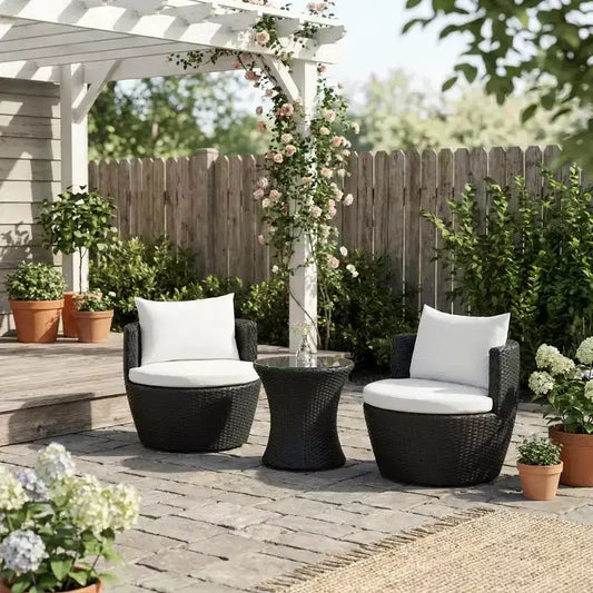 ModernLuxe Set da 3 pezzi per conversazione da esterno, Set da conversazione in vimini per patio, sedie in rattan PE con cuscini e tavolo in vetro temperato