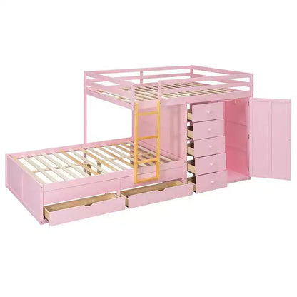 Lit superposé complet Whisen avec 2 grands tiroirs, 5 petits tiroirs et petite armoire