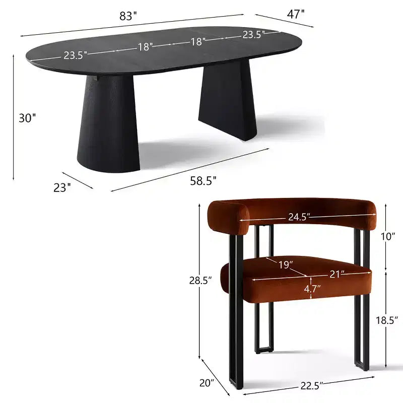 Set tavolo da pranzo allungabile da 120-210 cm per 4 persone, tavolo nero e 4 sedie da pranzo imbottite in velluto con gambe in metallo, stile moderno