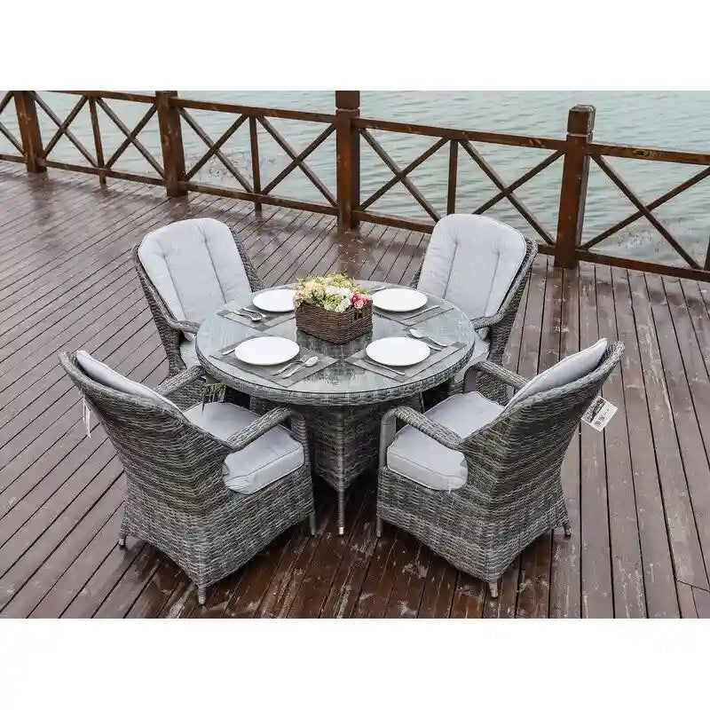 Set da pranzo rotondo in vimini da esterno da 5 pezzi con 4 poltrone
