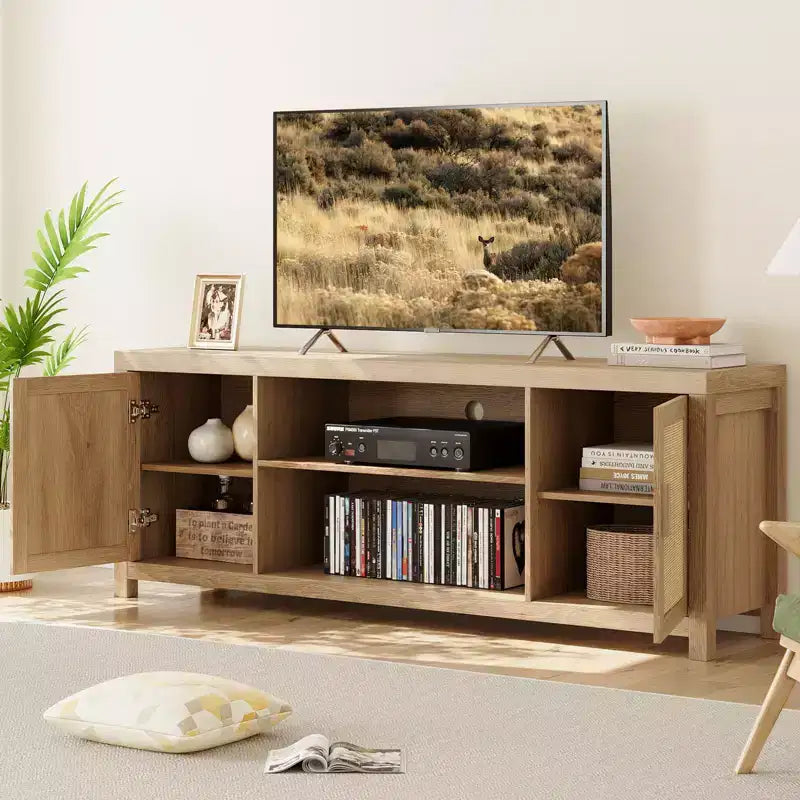Mobile TV Boho, Porta TV in Rattan con Ripiani Regolabili e Contenitore, Quercia Naturale