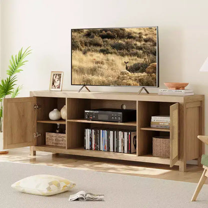 Mobile TV Boho, Porta TV in Rattan con Ripiani Regolabili e Contenitore, Quercia Naturale